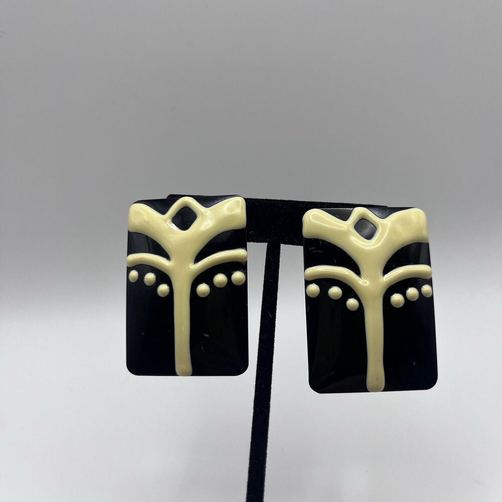 Ivory & Black Resin Square Art Deco Style Stud Pierced Earrings